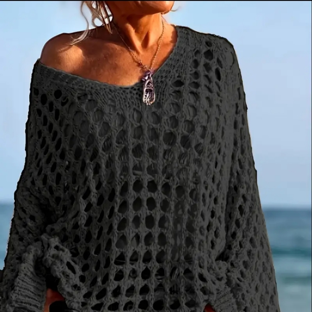 Black Off-the-Shoulder Mesh Sweater
